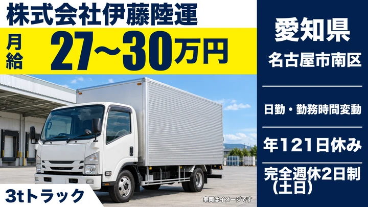 【愛知県名古屋市南区】小型トラックドライバー／月給27万〜30万円・力仕事少なめ