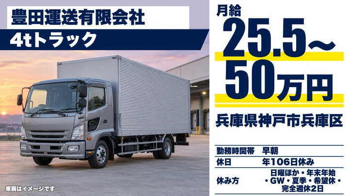 【兵庫県神戸市兵庫区】中型・準中型トラックドライバー(4t~)/近畿圏日帰り配送・正社員