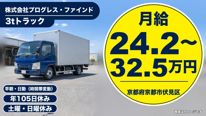 【京都府京都市伏見区】3tトラックドライバー／正社員
