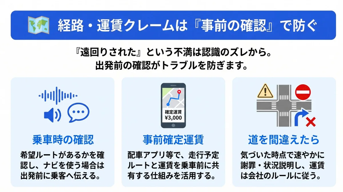 経路をめぐる運賃クレームは、乗車時の確認と事前確定運賃で防ぐ